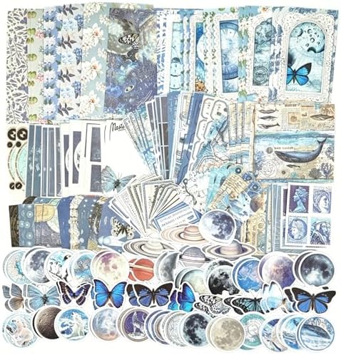 Esweny 200PCS Vintage Scrapbooking Supplies Pack, Aesthetic Scrapbook Sticker Paper Art Journaling Kit for Junk Journals,Planner,Cottagecore Decor Gifts (Blue Series) by Esweny