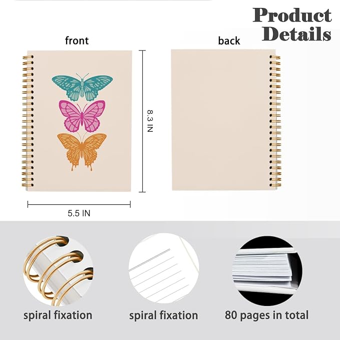 Butterfly Notebook Journal, Trendy Preppy Notebook, Boho Notebook Aesthetic, Preppy Office Supplies, Pink Desk Accessories for Women Office, Hardcover Spiral Notebook 5.5x8.3