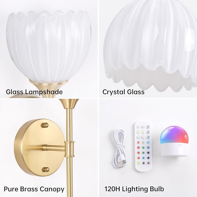 Battery Operated Wall Sconce Set of 2, White Tulip Vintage Wall Light Fixture Rechargeable 5000mAh Battery Powered Wall Lamp with Remote for Living Room Bathroom