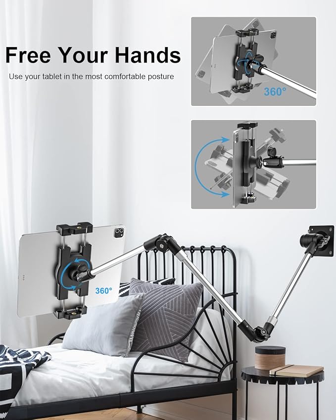 woleyi Aluminum Tablet Wall Mount Holder - 35 Inch Foldable Arm Tablet Stand for Wall, 360° Adjustable Webcam Camera Clip, for iPad Pro Air Mini, Galaxy Tabs, Z Fold, Fire HD, iPhone, 4.7-13" Devices