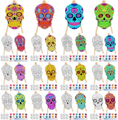 Supervitae 72 Piece Sugar Skull Pre Drawn Canvas Kit 5.9" Dia De Los Muertos Sip and Paint Kit for Adults Painting Party Pre Printed Canvas DIY with Pictures Paints Easels Brushes for Party Gifts by Supervitae