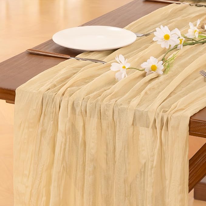 Socomi 3pcs Gold Champagne Cheesecloth Table Runner Valentine's Day Boho Rustic Gauze 120 inch 10FT Cheese Cloth Runner for Wedding Party Baby Shower Birthday Home Decor Holiday Decorations