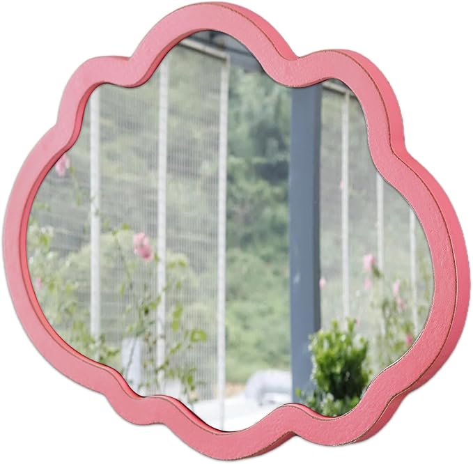 Rustic Pink Cloud Mirror 12 X 16 Inch, Hanging Handmade Distressed Finish Wood Frame Small Nursery Mirrors for Wall Girl, Cute Decorative Mirrors for Wall Decor Living Room Bedroom Entryway
