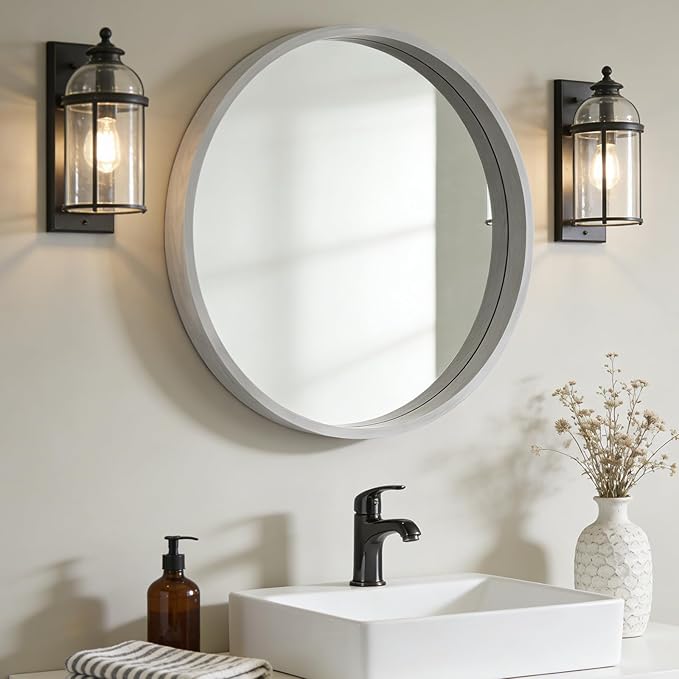 WallBeyond 28 Inch Round Wood Mirror, Large Circle Wooden Frame Wall Mirror for Bathroom, Living Room, Bedroom, Entryway (White)