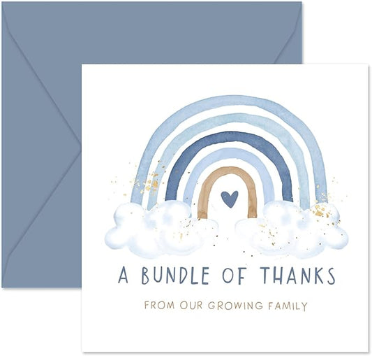 Whaline 50 Pack Blue Rainbow Thank You Cards Boxed 5 x 5 Inch A Bundle of Thanks From Our Growing Family Note Cards with Envelope Sticker Greeting Blank Card for Birthday Baby Shower