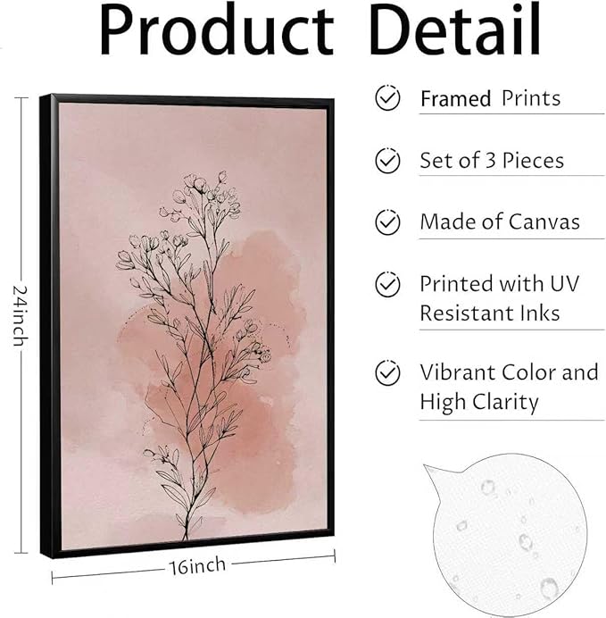 okudolit Boho Vintage Flower Wall Art Set of 3 Minimalist Floral Botanical Prints Rustic Wildflower Wall Decor Beige and Pink Neutral Plant Painting for Living Room Bedroom Office-16x24in