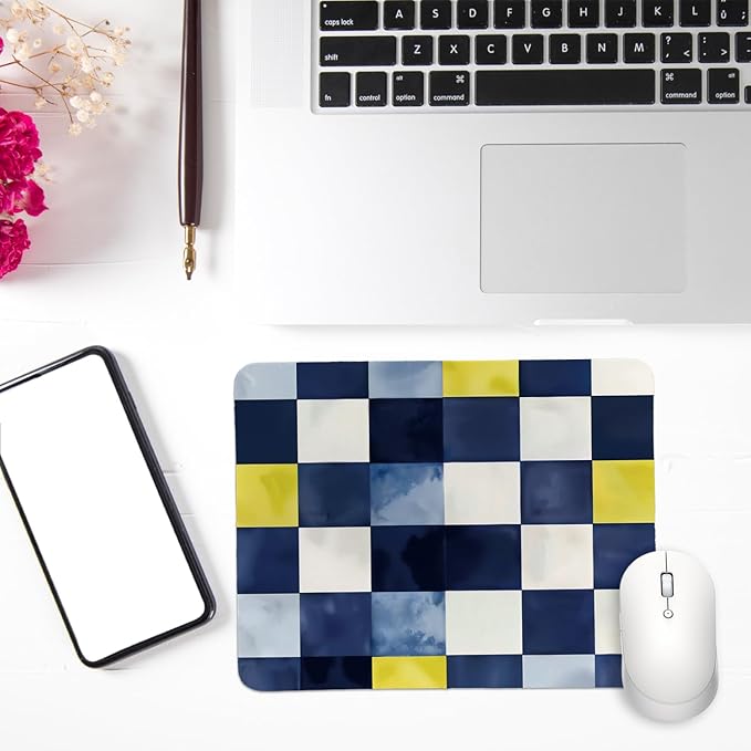 Rusenbao Cute Blue Checkered Mouse Pad, Cool Small Mouse Pads for Desk, Checkered Office Supplies, Gaming Mousepad for Non-Slip Base, Computer, Office, Laptop, 9.5x7.9 Inch