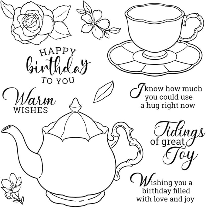 Teapot Cup Stamps and Cutting Dies for Card Making DIY Transparent Silicone Clear Stamp and Metal Die Cuts Sets for Scrapbooking Paper Greeting Cards Decor Seals Craft Supplies