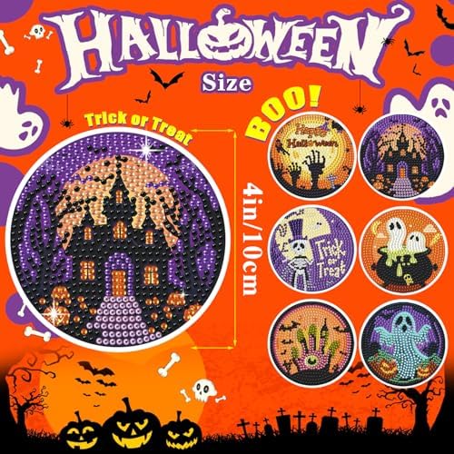 Leatrice 6 PCS Halloween Diamond Art Coasters Kits 4 in Trick or Treat - Image 4