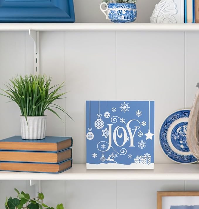 Joy Christmas Wooden Box Sign, Farmhouse Christmas Snowflake Reindeer Xmas Wood Signs for Home Office Table Shelf Decoration, 5x5 Inch (Blue)