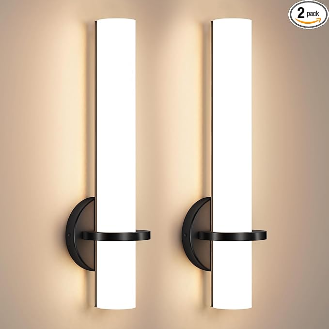 Black Wall Sconces Set of 2, 18 inch Bathroom Sconces with Acrylic Shade 18W 3000K LED Dimmable Modern Wall Sconces Wall Lights for Bedroom Living Room Hallway Stairway