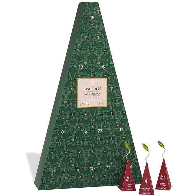 Tea Forte Herbal Tea Advent Calendar Gift Set; 24 Individually Wrapped Handcrafted Assorted Pyramid Infuser Tea Bags with Numbered Doors, Warming Joy (Herbal)
