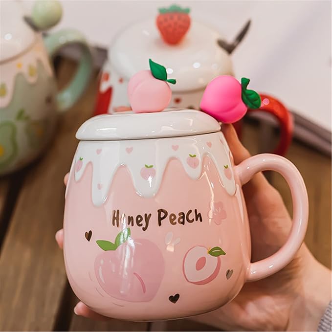 Coffee Mug Cups Ceramic Tea Cup Fruits Peach Shaped Handmade Pottery Cute Mugs With Lid Spoon Handle Office Home Hot Ice Chocolate Milk Mugs Gifts Microwave Dishwasher Safe Travel Mugs (Rose)