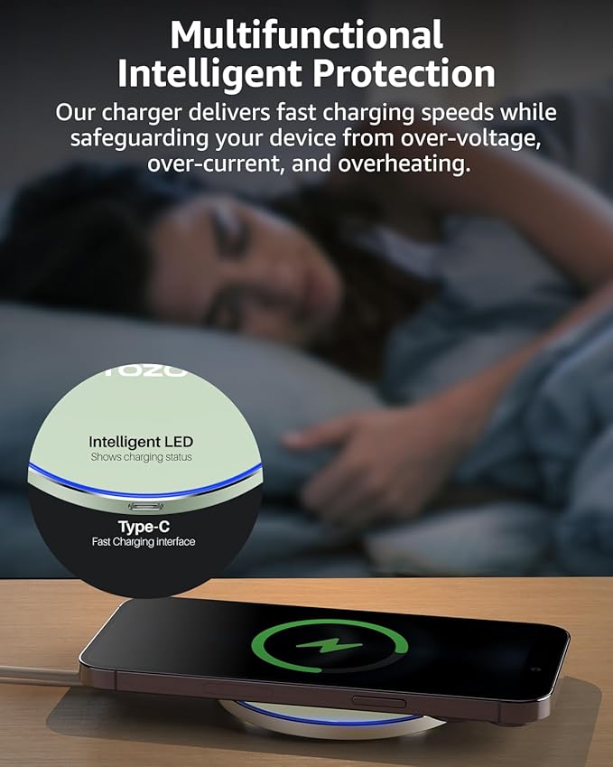 TOZO 2025 W1 New Anti-Slip Wireless Charger 15W Max Fast Wireless Charging Pad Compatible with iPhone 17/16/16 Plus/16 Pro Max /15/14/13/SE Series, Samsung Galaxy S25/S24/S23 Series, Matte Green