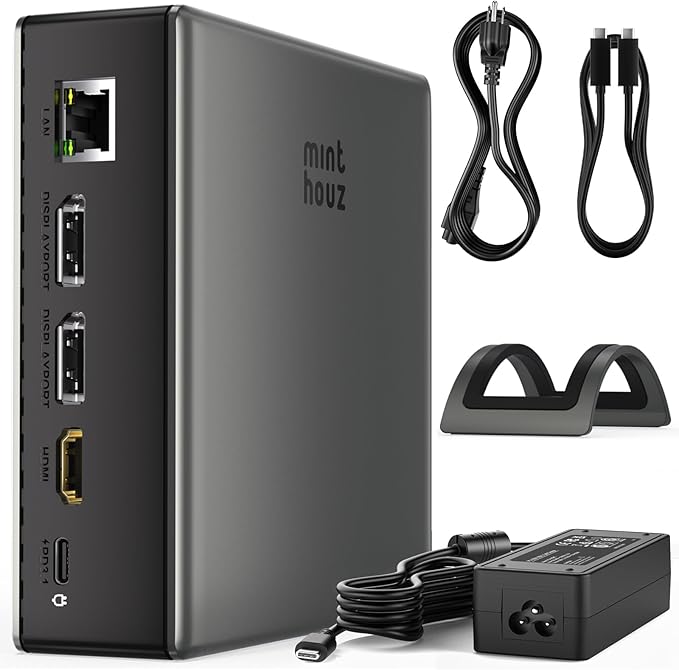 USB C Docking Station Minthouz Laptop Docking Station 3 Monitors with 4K@144Hz 2* DP +HDMI 140WPD Charger, 10Gbps USB A/C Ports, Gigabit Ethernet, Audio/Mic USB C Hub for MacBook,Dell,HP,Surface