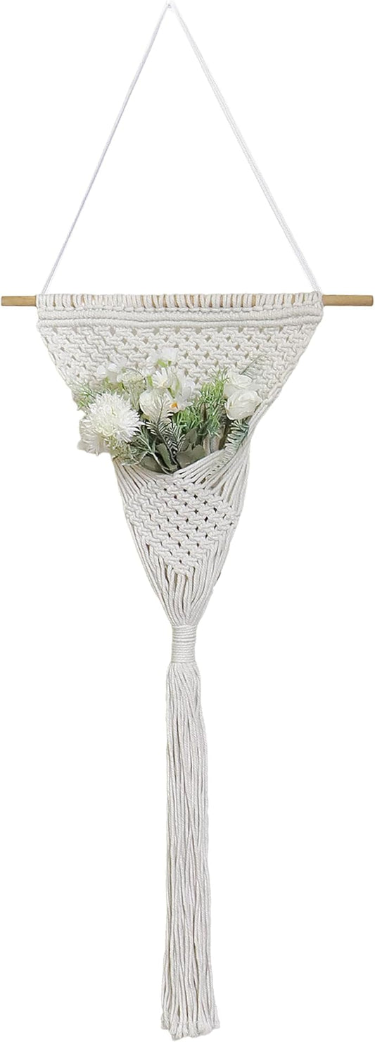 GYASVWU Cotton Rope Boho Wall Decor, Macrame Wall Hanging Decor, White Wall Art with Woven Pocket, Woven Wall Decor for Dried Flower Storage/Pampas Grass Decor/Living Room Decor/Bedroom Decor (White)