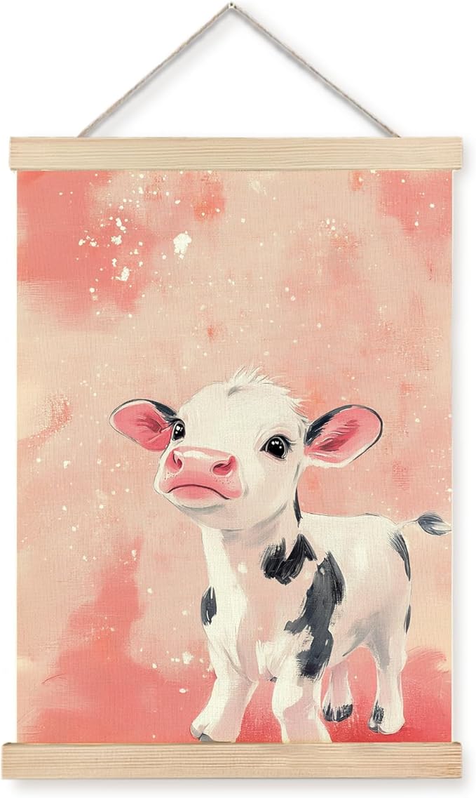 bitCNY Cute Baby Cow Wall Art – 12x16 Inch Calf Print on Pink Background, Farm Animal Nursery Poster for Girls' Room 589