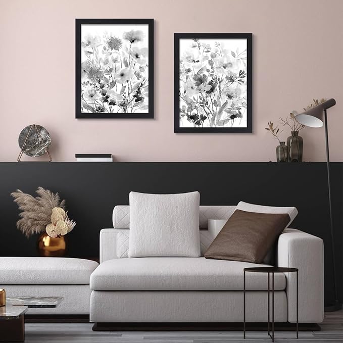 Botanical Canvas Prints Wall Art Black & White Wildflower Pictures Rustic Floral Paintings Decor 2 Panels Modern Framed Artwork for Bathroom Livingroom Bedroom Office Kitchen 12x 16 inches (Black