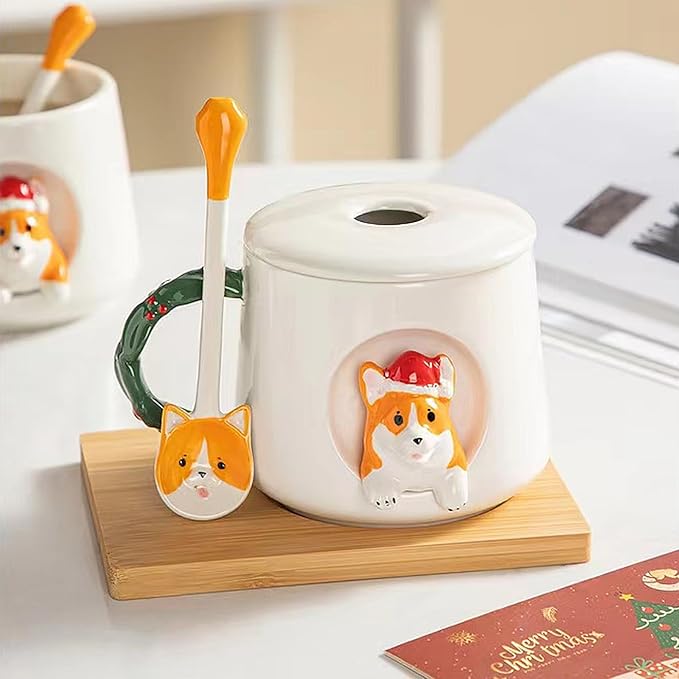 Cute Dog Couple Cup, Ceramic Coffee Mug with a Lid, Family Cup, Office Cup, Concave wood grain pattern handle, Cute Shiba Lnu Three-dimensional Design, with Matte Texture(420ML) (White Hat)