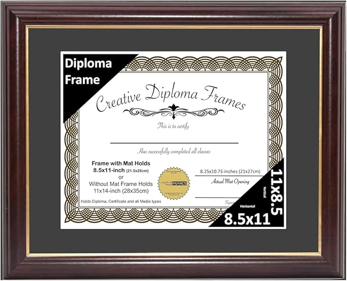 Creative Picture Frames 8.5x11 Mahogany Gold Rim Diploma Frame with Black Mat Glass Easel and Installed Wall Hangers | Frame Holds 11x14 Media without Mat