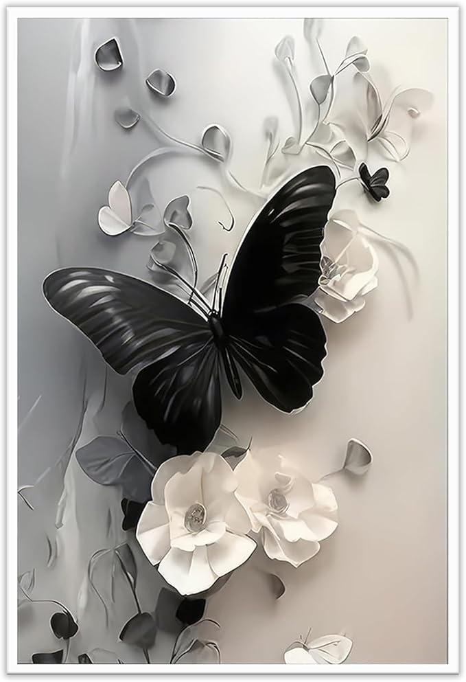 Black Butterfly with Flowers Canvas Poster Modern Minimalist Wall Art Trendy Elegant Painting Prints Vintage Nature Botanical Aesthetic Home Decor for Bedroom Living Room 20x30inch Unframed
