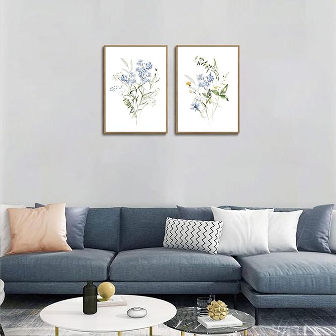 YOYIAXT 2 Pieces Watercolor Botanical Canvas Wall Art For Bedroom Blue Floral Framed Wall Art Minimalist Neutral Flower Art Prints Artwork For Living Room Office, 16x24 in