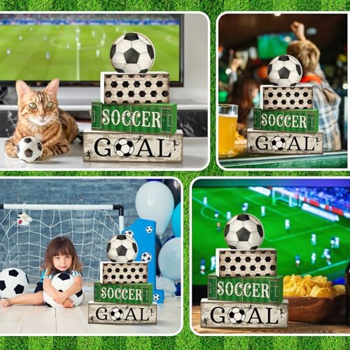 Moucuny 4 Pcs Soccer Table Decorations Farmhouse Soccer Wooden Block Signs - Image 6