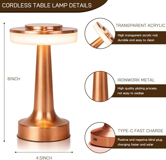 Cordless Metal Desk Lamp, Touch Sensor Control LED Table lamp,3 Color Stepless Dimmable Battery Powered Lamp for Living Room, Dorm, Home Office (Rose Gold)