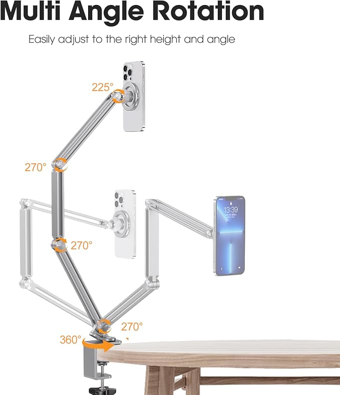 Magnetic Gooseneck Phone Holder for Bed & Desk, Adjustable Arm with Strong Suction Base, Compatible with iPhone 12-15/Magsafe & Android (Includes Metal Ring)