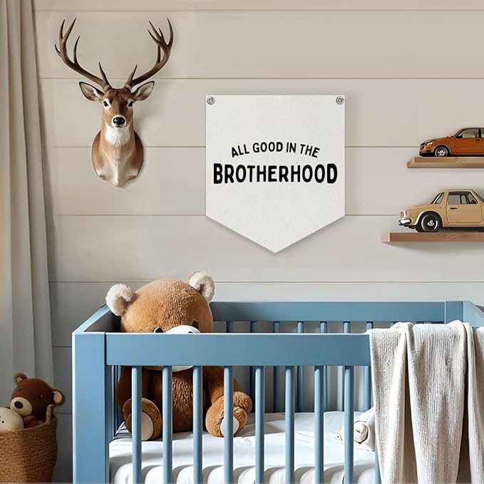 Lacama Vintage Room Decor,All Good In The Brotherhood Linen Banner,Boy Bedroom Wall Hanging Banner Pennant Flag Decor for Nursery Playroom Toddler Nursery Decor College Dorm Room,brother banner12.4x14 in