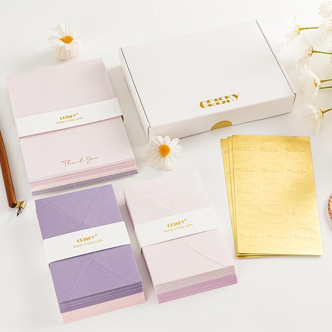 Crisky Purple Thank You Cards with Envelopes & Stickers， 50 Pack Bridal Shower Graduation Thank You Cards Small Business, Wedding Baby Shower Birthday Funeral Notes Bulk