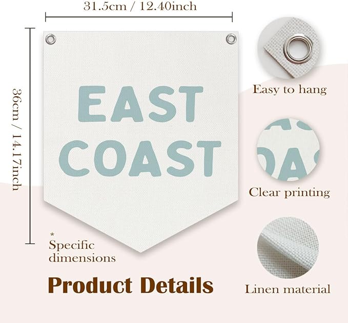 Lacama Coastal Room Decor Wall Art, East Coast Banner, Blue Aesthetic Trendy Wall Hanging Banner Pennant Flag for Bedroom College Dorm Coastal Room,12.4x14