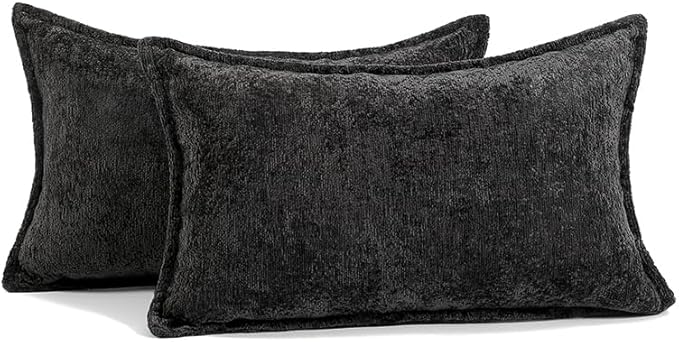 Pack of 2 Black Decorative Throw Pillow Covers 12x20 Cozy Soft Chenille Accent Vintage Rectangular Lumbar Couch Pillow Covers for Home Decor Bed Sofa Living Room
