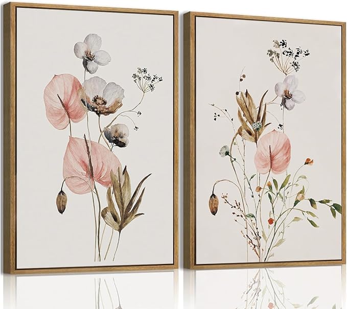 YOYIAXT 2 Pieces Watercolor Botanical Canvas Wall Art For Bedroom Pink Blush Floral Framed Wall Art Minimalist Neutral Flower Art Prints Artwork For Living Room Office, 12x16 in