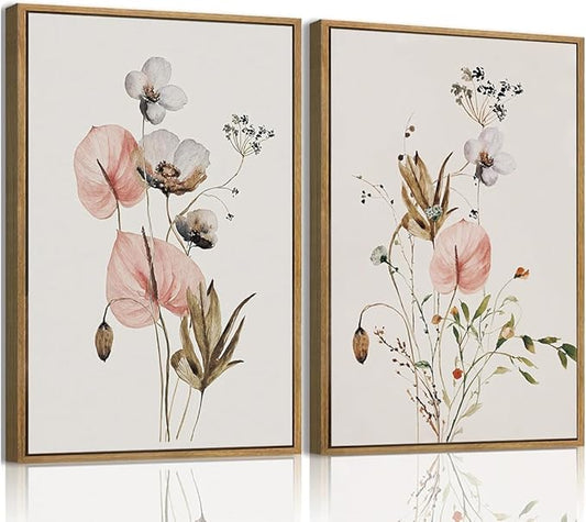 YOYIAXT 2 Pieces Watercolor Botanical Canvas Wall Art For Bedroom Pink Blush Floral Framed Wall Art Minimalist Neutral Flower Art Prints Artwork For Living Room Office, 12x16 in