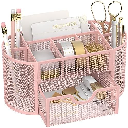 Mesh Desk Organizer with Drawer, 9-Compartment Pen Holder for Desk, Pink by SUPEASY