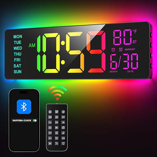16.5" Large Digital Wall Clock with BT Sync, RGB Lights with 11 Scenes Mode Remote Control, Big LED Clock with Dual Alarms, Auto DST, Temperature for Classroom Gaming