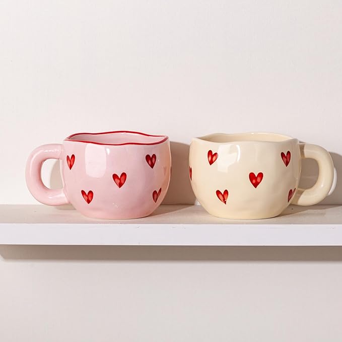 4pcs Cute Ceramic Coffee Mug, 9.4OZ Pink Yellow Porcelain Tea Mugs, Ceramic Hearts Cup Sets for Matcha, Dishwasher & Microwave Safe, Gift for women(Love)