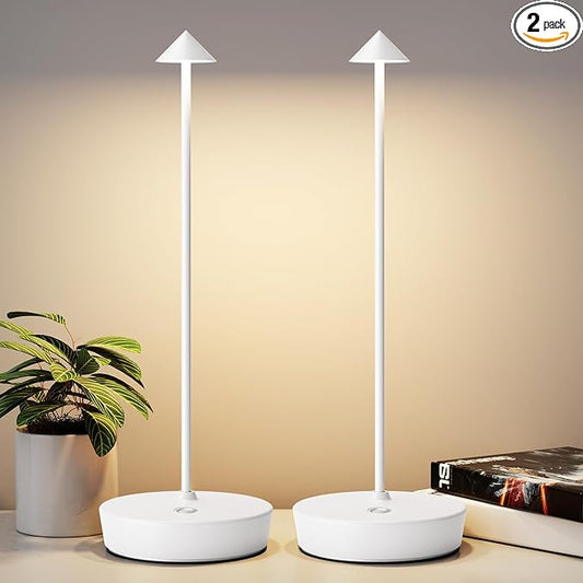 2Pack Rechargeable Cordless Table Lamp, Portable Powered LED Battery 6000mAh Metal USB Desk Lamp, 3 Levels Brightness Light for Restaurants Outdoor (2pack White)