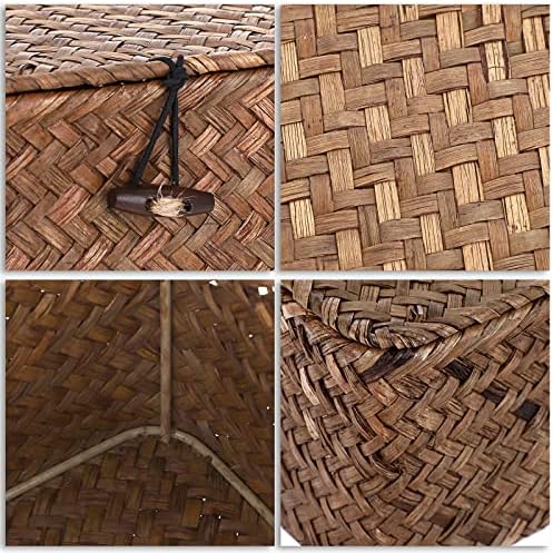 Hipiwe Wicker Shelf Baskets Bin with Lid, Handwoven Seagrass Storage Boxes - Image 7
