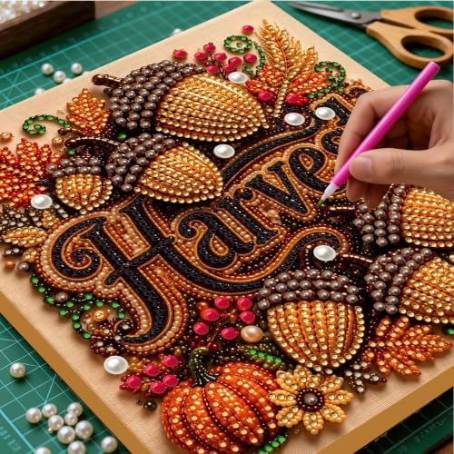 DIY Pearl Painting Kit for Adults, Autumn Harvest Fall Art with Wood Frame, 20x20cm Self-Adhesive Pearl Diamond Craft, Autumn Wall Decor Gift for Women, Beginners Relaxing Hobby Kit - Image 2