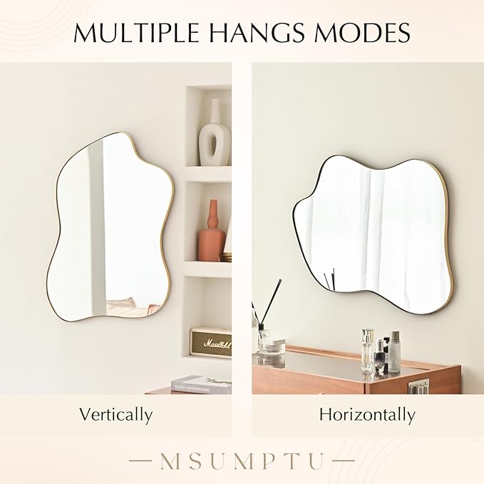 Irregular Wall Mirror Gold Wave Shaped Metal Framed Wall Mirror for Bathroom Bedroom Entryway Living Room Wall Decor 24" L x 18" W 2305B