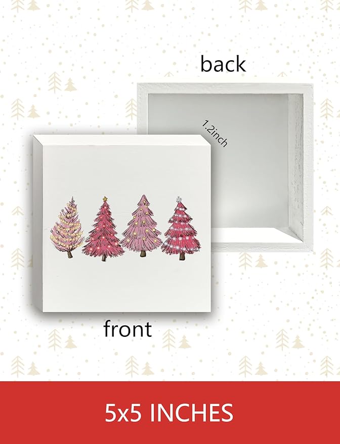 Preppy Pink Christmas Tree Wooden Box Sign, Pink Christmas Decorations, Glitter Xmas Tree Holiday Wood Signs for Home Office Desk Shelf Tabletop Decor, 5x5 Inch Decorative Signage
