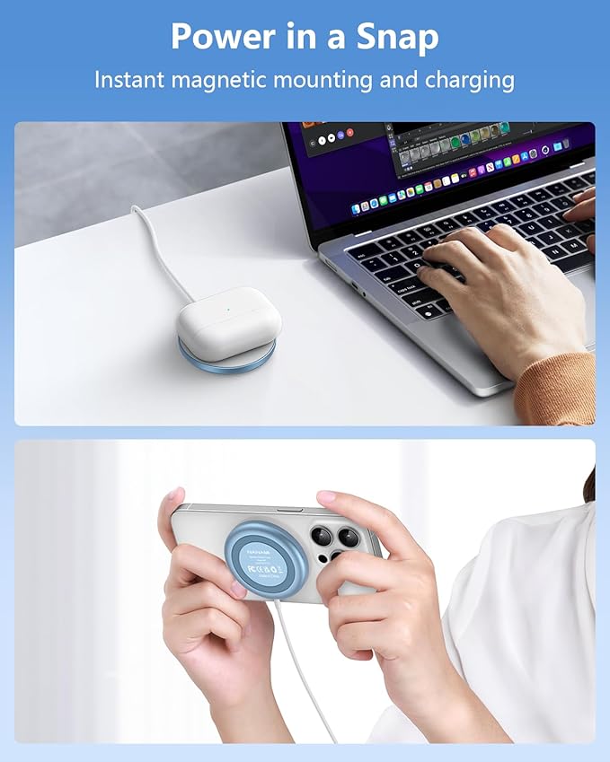 NANAMI Magnetic Wireless Charger Pad with 20W PD Adapter,for MagSafe iPhone 17/16/15/14/13/12 Series & AirPods 3/2/Pro/Pro 2,Non-Slip Base & Strong Magnetic Alignment for Desk and Office Use(Blue)