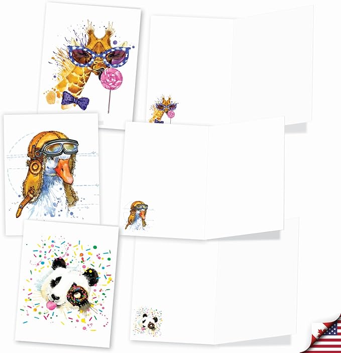 The Best Card Company - 20 Bulk Animal Note Cards Blank (4 x 5.12 Inch) - Fun Assorted Notecards with Envelopes (10 Designs, 2 Each) - Funky Colorful Creatures AM6749OCB-B2x10