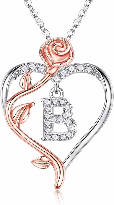 Iefil Stocking Stuffers for Women Wife - 925 Sterling Silver Rose Heart Initial Necklace, Christmas Anniversary Birthday Gifts for Women, Jewelry Gift for Her Wife Girlfriend Mom Daughter