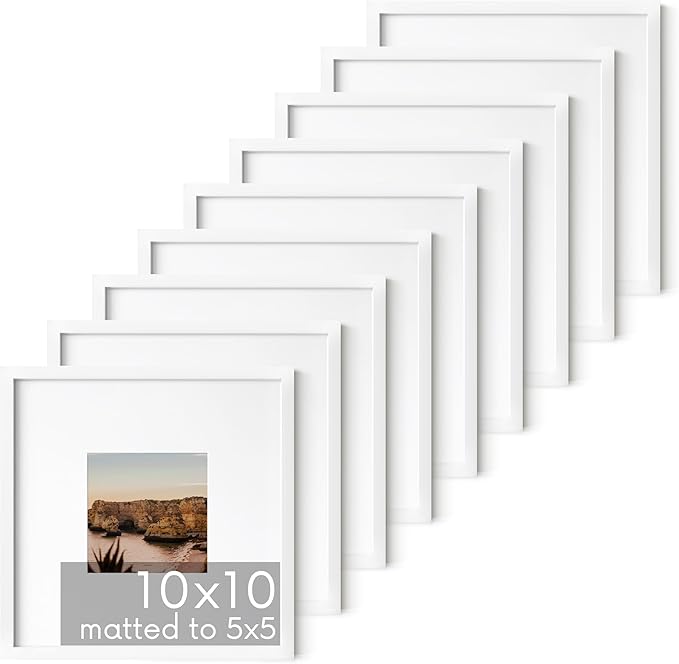 HAUS AND HUES 10x10 White Aluminum Frame Set of 9 - Matted to 5x5, Hanging Hardware, Shatterproof Plexiglass (10x10 in, White)