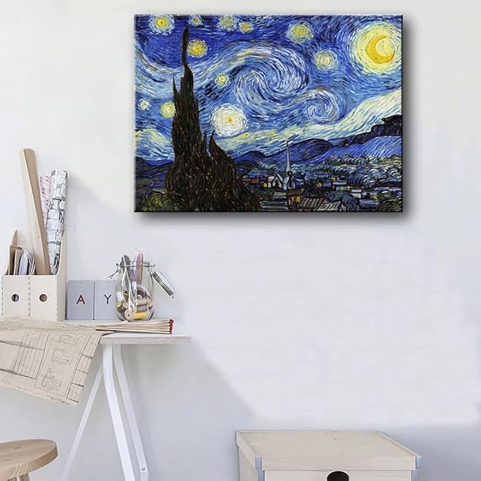 Van Gogh Canvas Wall Art - Starry Night Landscape Painting Picture Reproduction Room Decor - Famous Art Prints Modern Artwork Framed Poster Bedroom Home Decoration 12" x 15"
