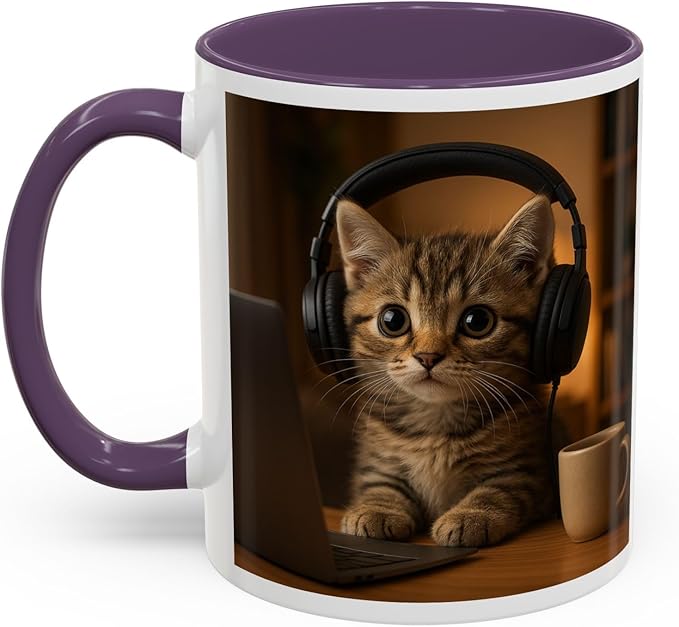 Adorable Cat Coffee Mug, Cute Kitten with Earphones, Pet Lover Gift, Tea Cup, Animal Lover Mug, Coffee Cup