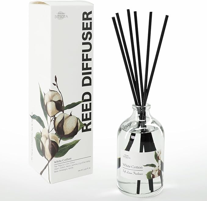 Reed Diffuser Set, Aroma Scented Diffuser with Sticks Home Fragrance Reed Diffuser for Bathroom Shelf Decor, Ideal Gift for Woman (3.52 oz (100ml), White Cotton)